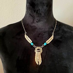 Vintage Navajo .925 Sterling Silver & Turquoise Feather Style Native Necklace
